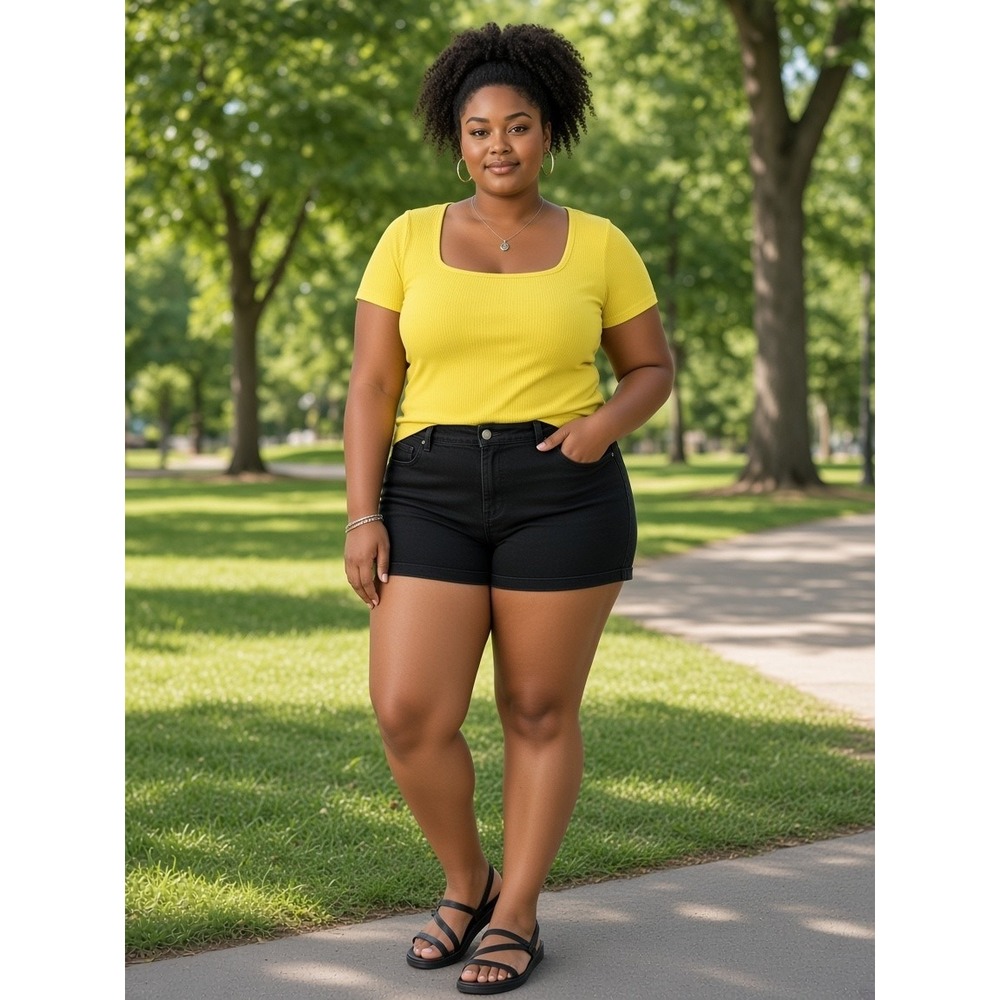 a.n.a Short Sleeve Top Women Large Yellow Ribbed Square Neck Tee